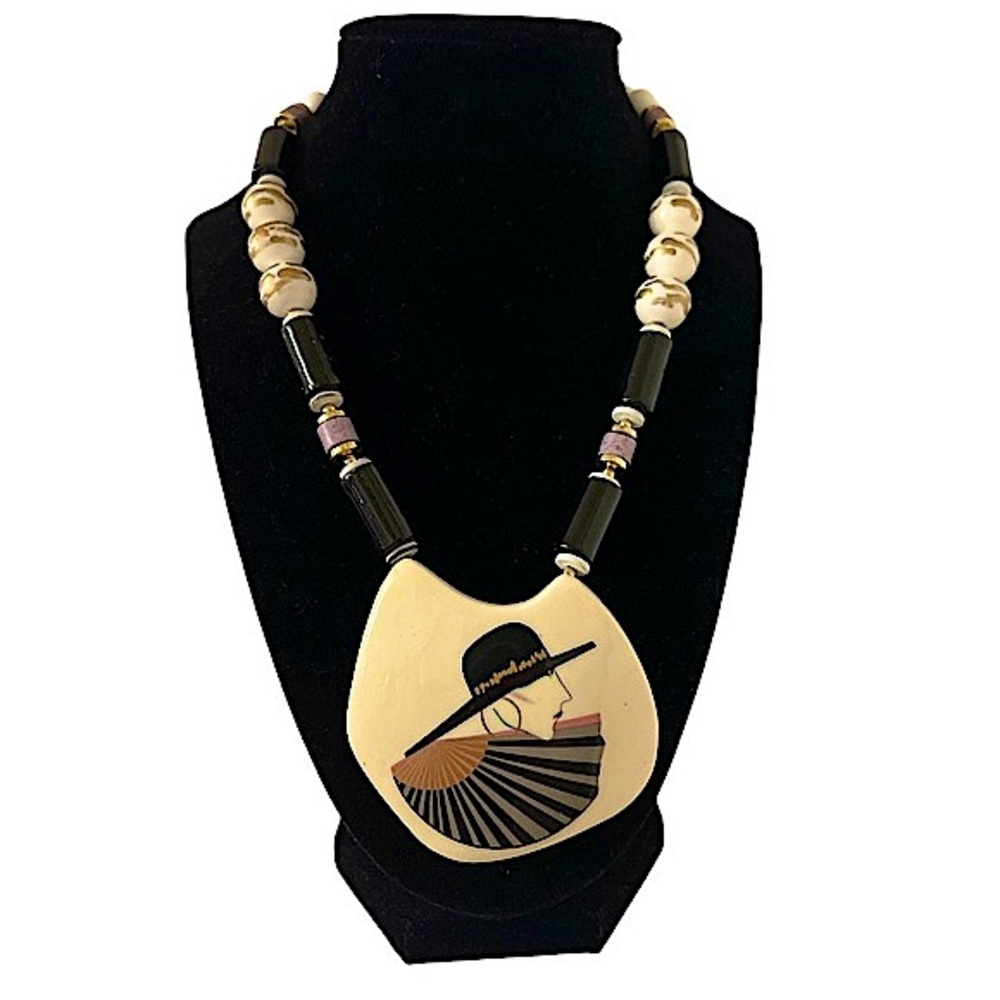 Gorgeous vintage  1980's necklace painted porcelain  diva wearing hat beads EUC - Picture 2 of 8